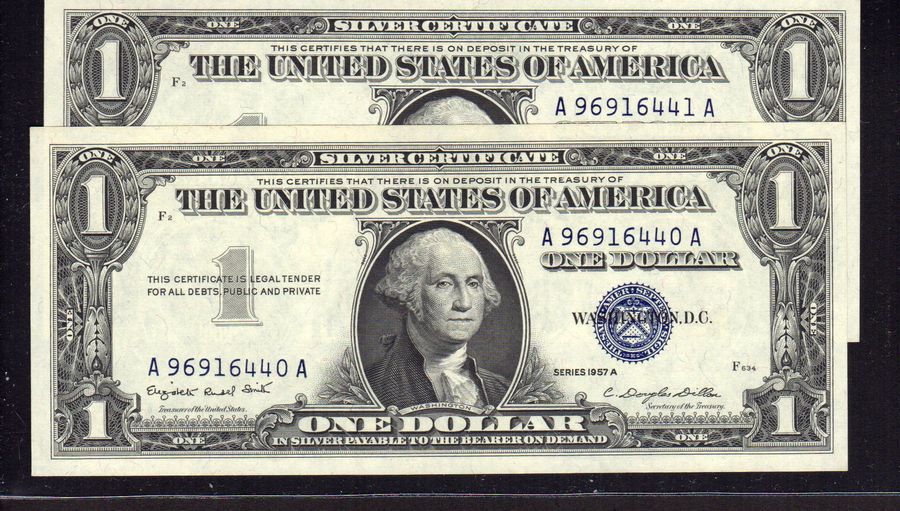 Fr.1620, 1957A $1 Silver Certificate, A-A Block, Gem CU Consecutive Pair